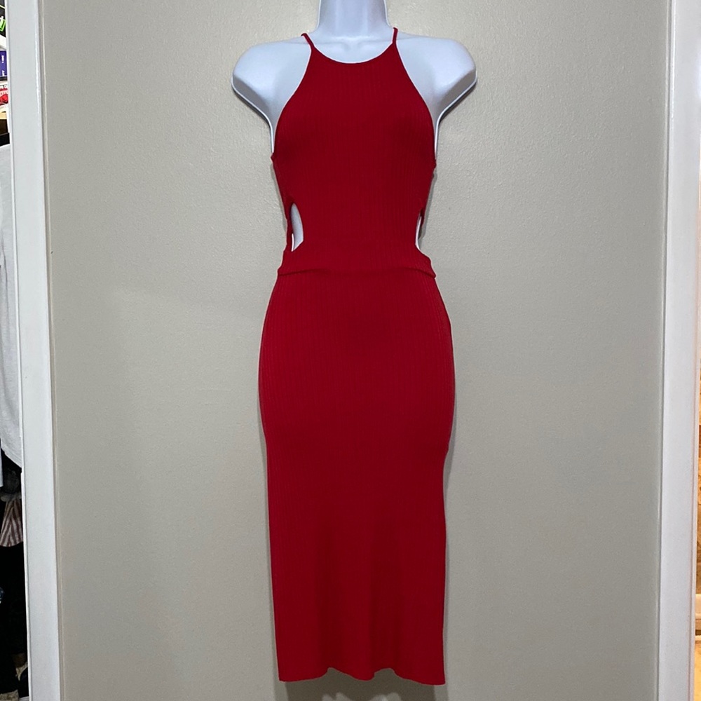 Soprano dress, red knit waist cut out below knee length, size small.